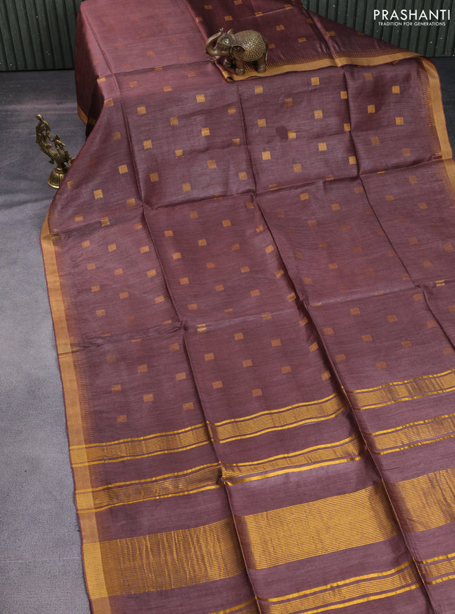 Munga tussar silk saree brown with allover zari woven buttas and zari woven border