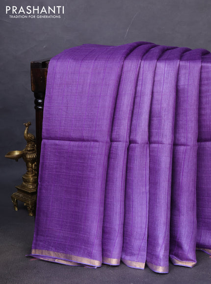 Munga tussar silk saree violet with allover checked pattern and zari woven border