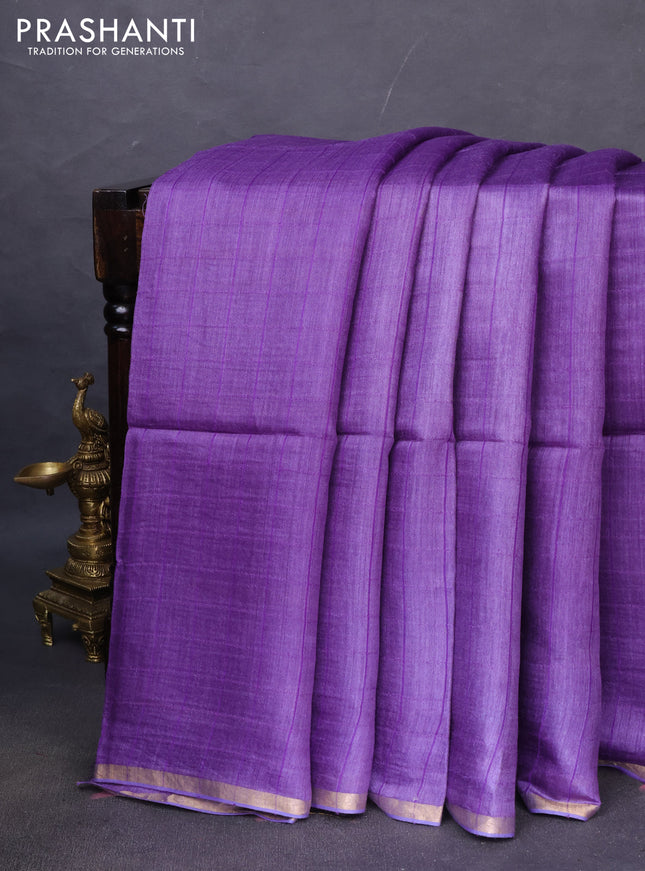 Munga tussar silk saree violet with allover checked pattern and zari woven border