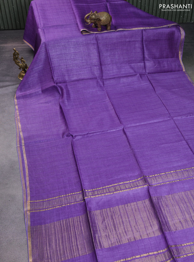 Munga tussar silk saree violet with allover checked pattern and zari woven border