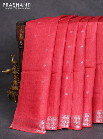 Munga tussar silk saree red with silver zari woven buttas and silver zari woven border