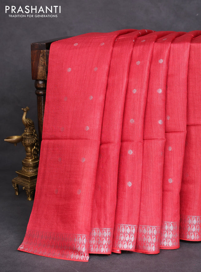 Munga tussar silk saree red with silver zari woven buttas and silver zari woven border