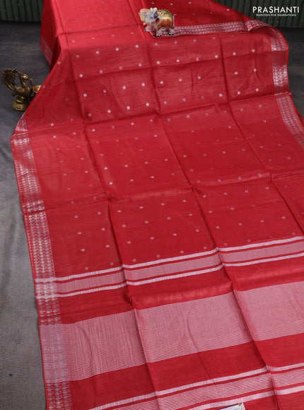 Munga tussar silk saree red with silver zari woven buttas and silver zari woven border