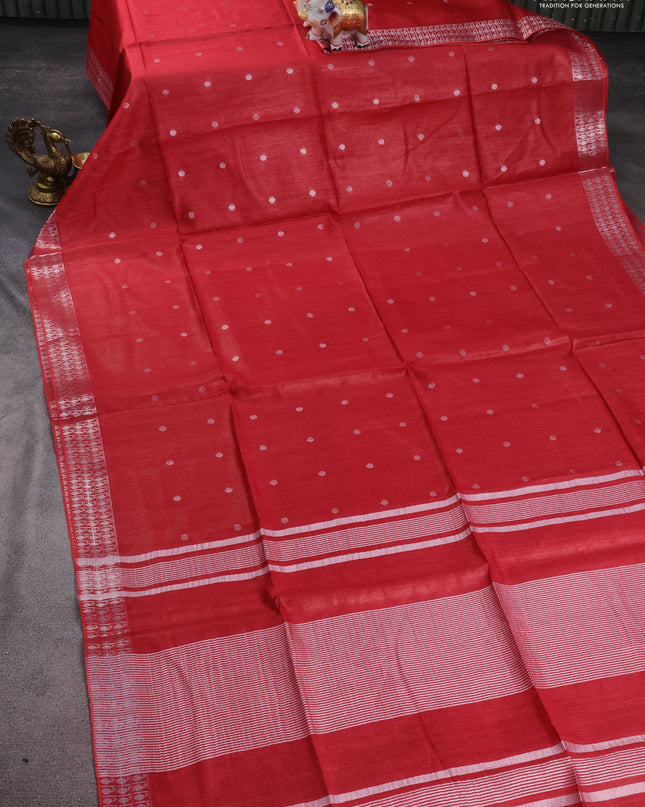 Munga tussar silk saree red with silver zari woven buttas and silver zari woven border