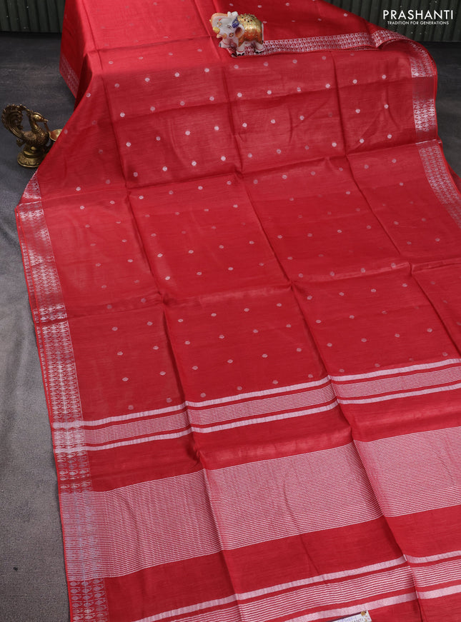 Munga tussar silk saree red with silver zari woven buttas and silver zari woven border