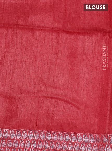 Munga tussar silk saree red with silver zari woven buttas and silver zari woven border