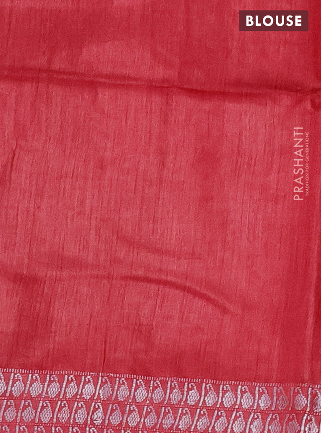 Munga tussar silk saree red with silver zari woven buttas and silver zari woven border
