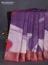 Matka tussar saree purple and maroon with allover prints and thread woven border
