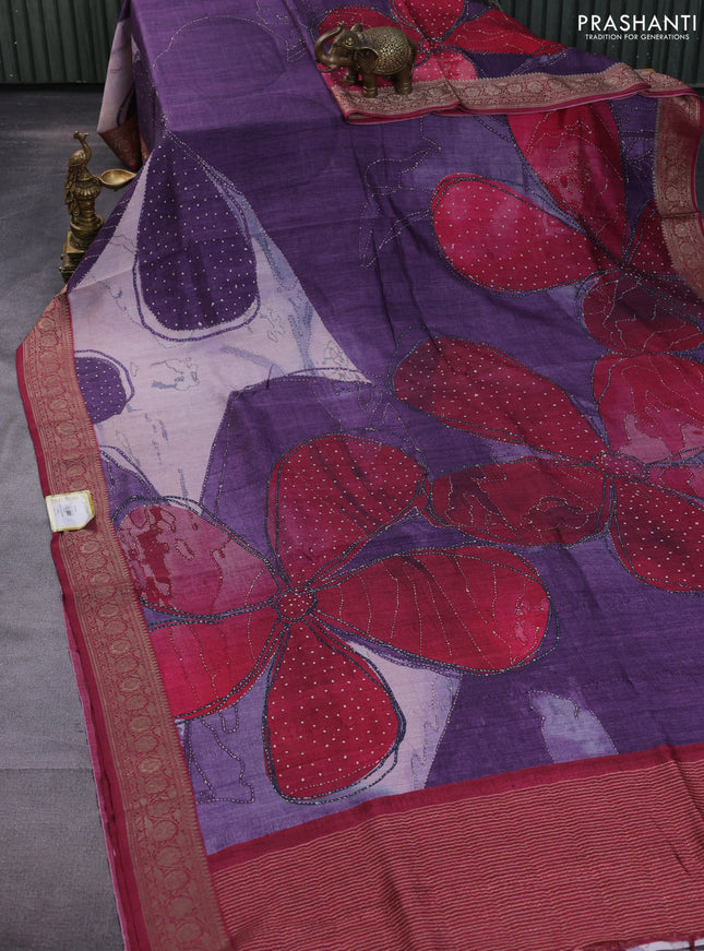 Matka tussar saree purple and maroon with allover prints and thread woven border