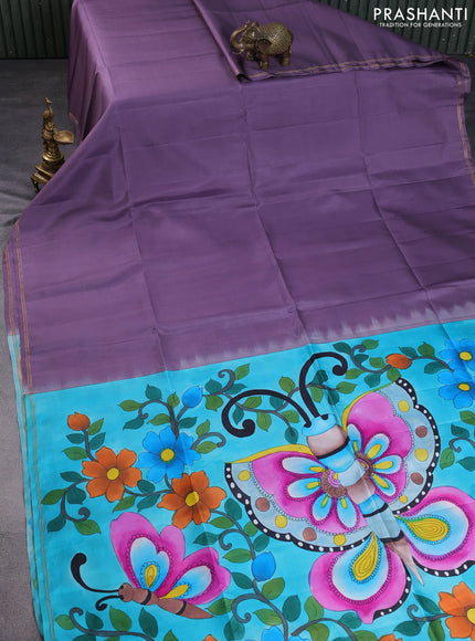 Pure soft silk saree pastel lavender and teal blue with plain body and hand painted pallu & blouse