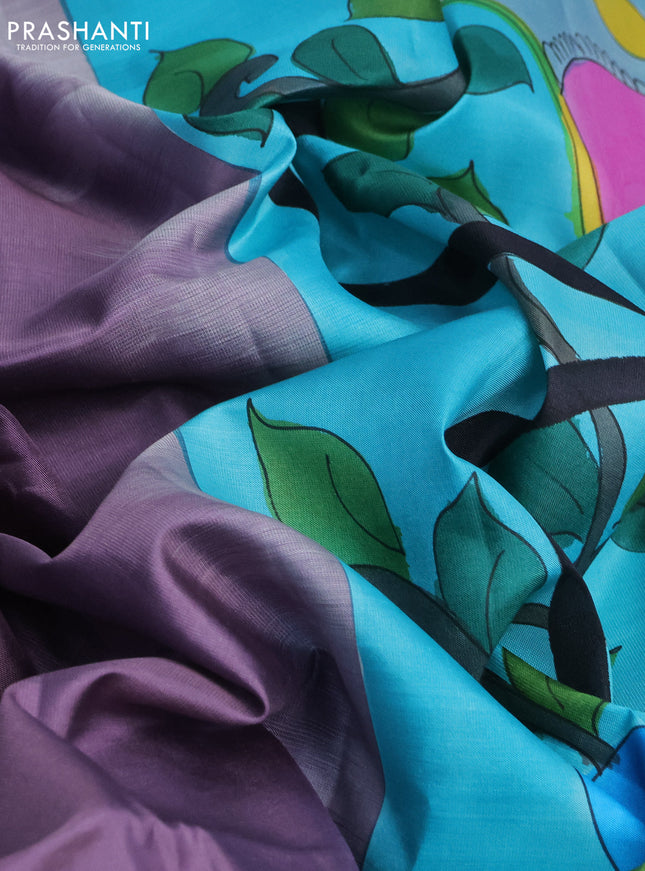 Pure soft silk saree pastel lavender and teal blue with plain body and hand painted pallu & blouse