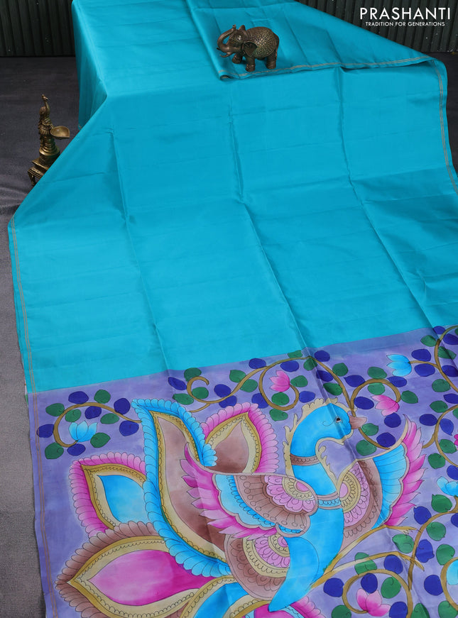 Pure soft silk saree teal blue and pastel blue with plain body and hand painted pallu & blouse
