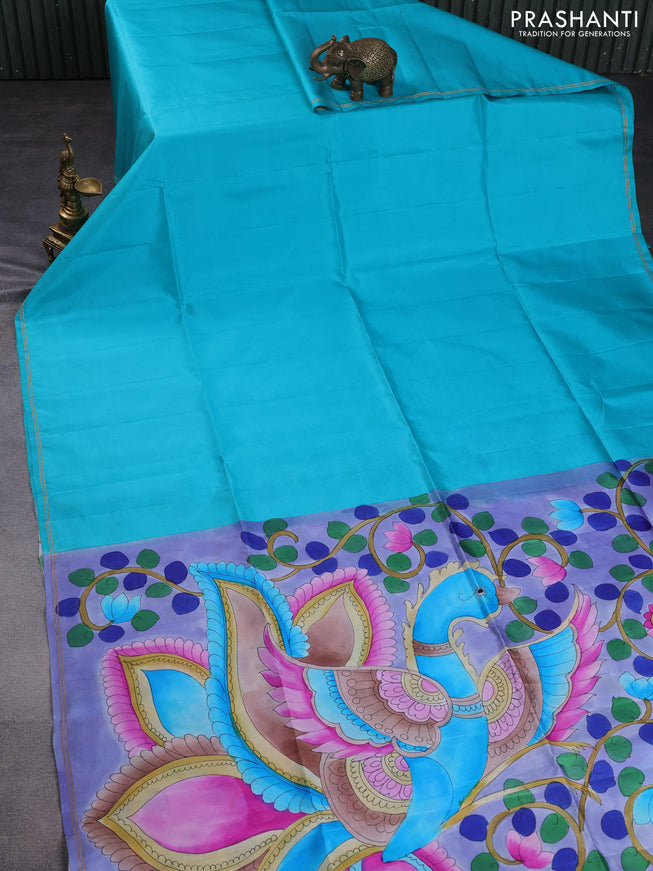 Pure soft silk saree teal blue and pastel blue with plain body and hand painted pallu & blouse