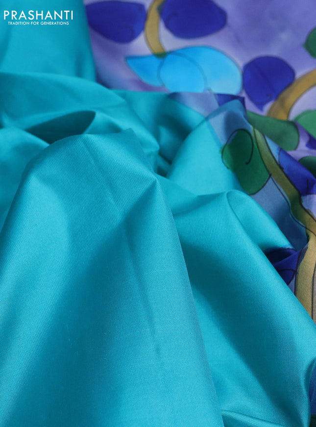 Pure soft silk saree teal blue and pastel blue with plain body and hand painted pallu & blouse