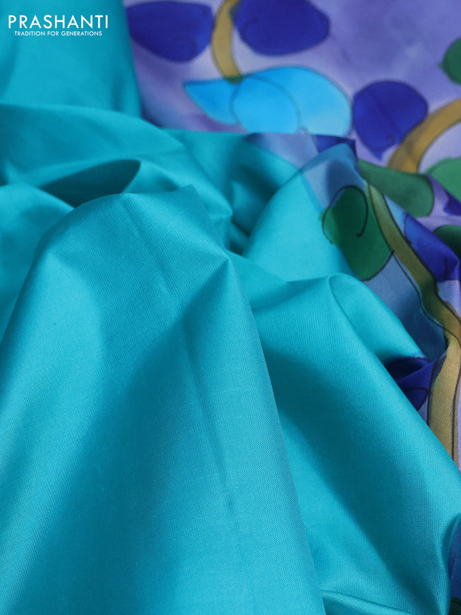 Pure soft silk saree teal blue and pastel blue with plain body and hand painted pallu & blouse
