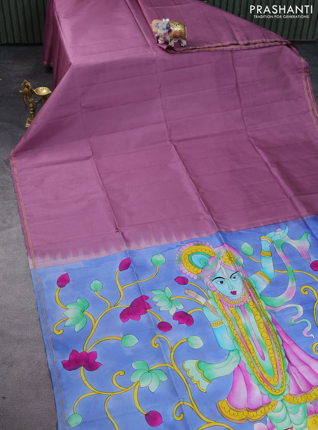 Pure soft silk saree mauve pink and yellow with plain body and hand painted pallu & blouse