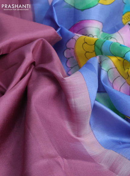 Pure soft silk saree mauve pink and yellow with plain body and hand painted pallu & blouse