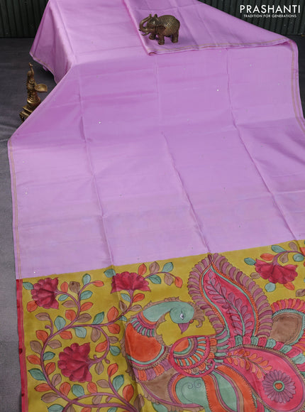 Pure soft silk saree lotus pink and yellow with mirror work and hand painted pallu & blouse