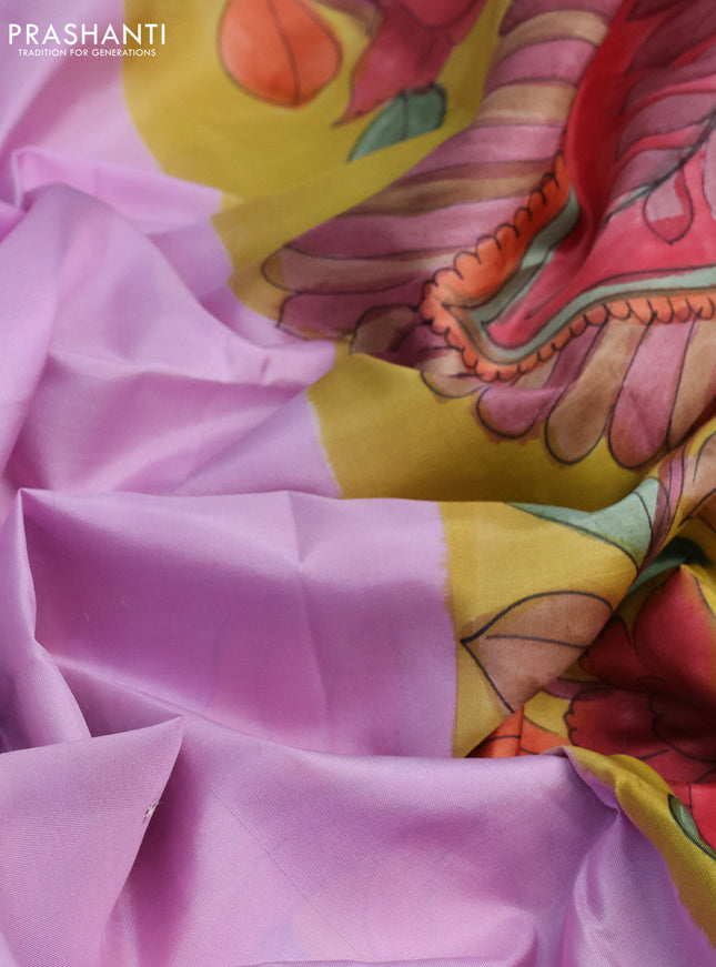 Pure soft silk saree lotus pink and yellow with mirror work and hand painted pallu & blouse