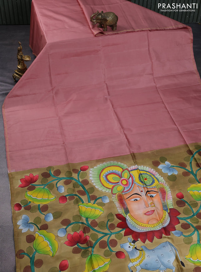 Pure soft silk saree peach shade and sandal with plain body and hand painted pallu & blouse