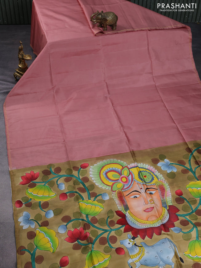 Pure soft silk saree peach shade and sandal with plain body and hand painted pallu & blouse