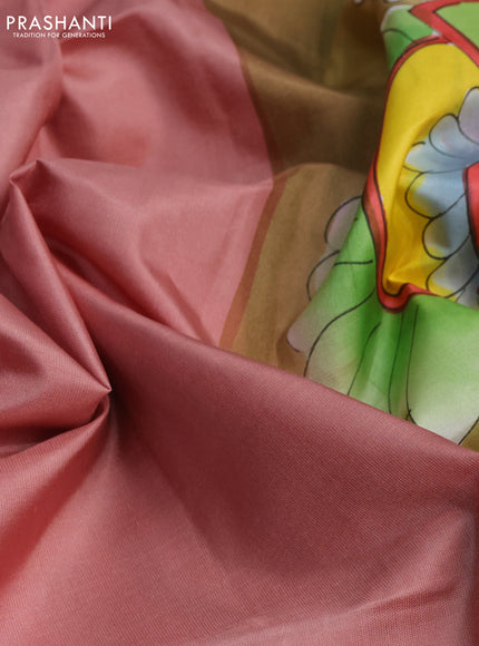 Pure soft silk saree peach shade and sandal with plain body and hand painted pallu & blouse