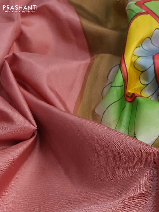 Pure soft silk saree peach shade and sandal with plain body and hand painted pallu & blouse