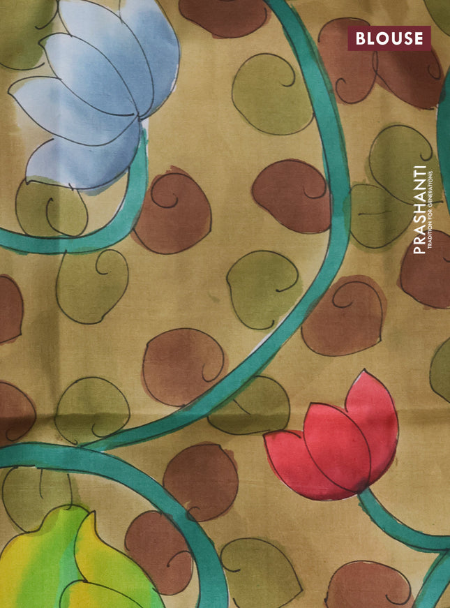 Pure soft silk saree peach shade and sandal with plain body and hand painted pallu & blouse