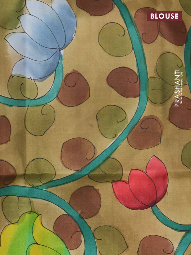 Pure soft silk saree peach shade and sandal with plain body and hand painted pallu & blouse