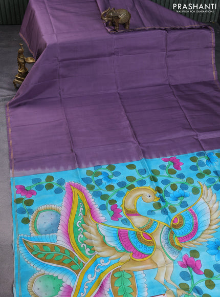 Pure soft silk saree pastel lavender and teal blue with plain body and hand painted pallu & blouse