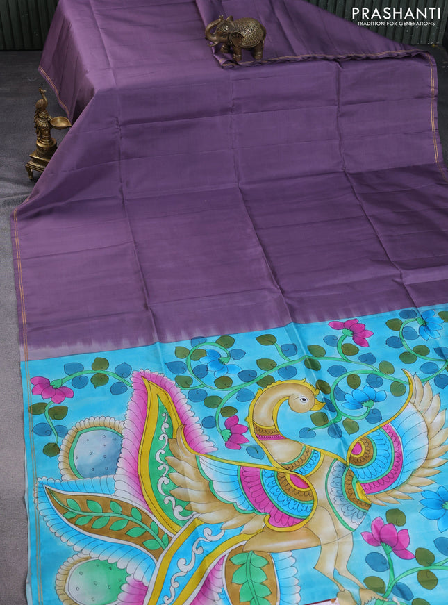 Pure soft silk saree pastel lavender and teal blue with plain body and hand painted pallu & blouse
