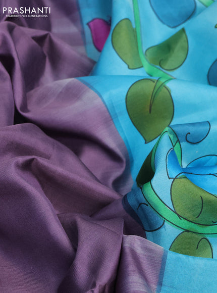 Pure soft silk saree pastel lavender and teal blue with plain body and hand painted pallu & blouse