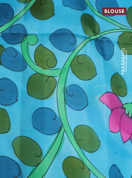 Pure soft silk saree pastel lavender and teal blue with plain body and hand painted pallu & blouse