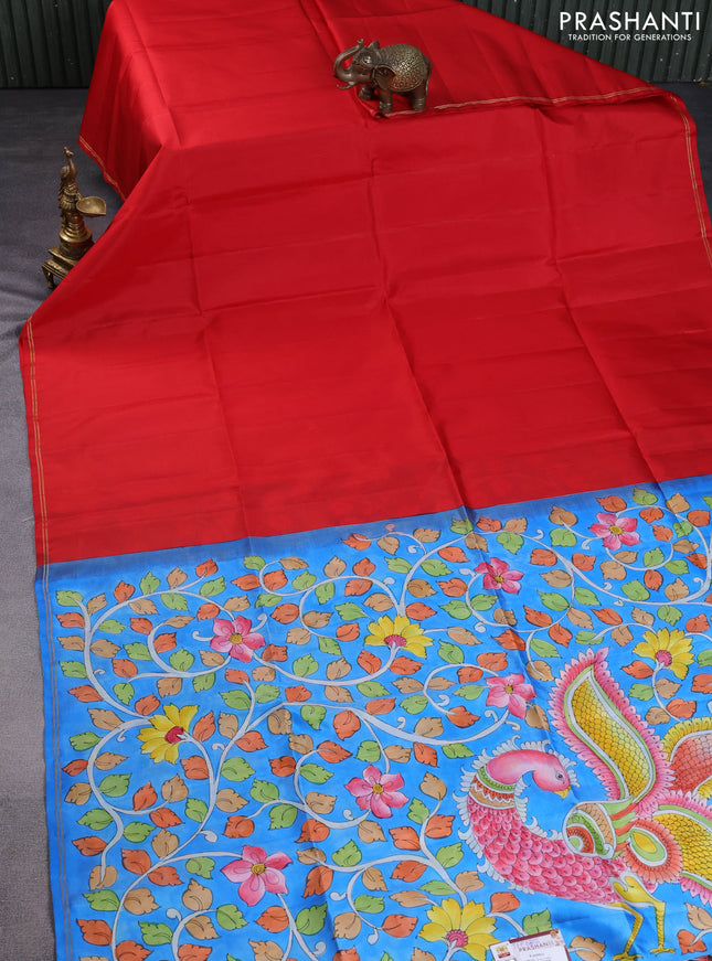 Pure soft silk saree red and cs blue with plain body and hand painted pallu & blouse