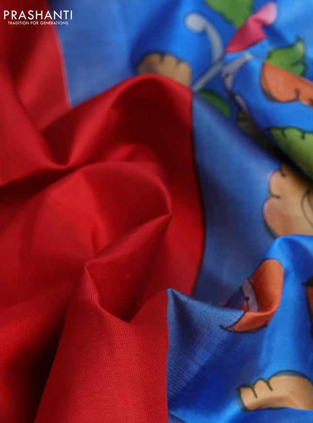 Pure soft silk saree red and cs blue with plain body and hand painted pallu & blouse