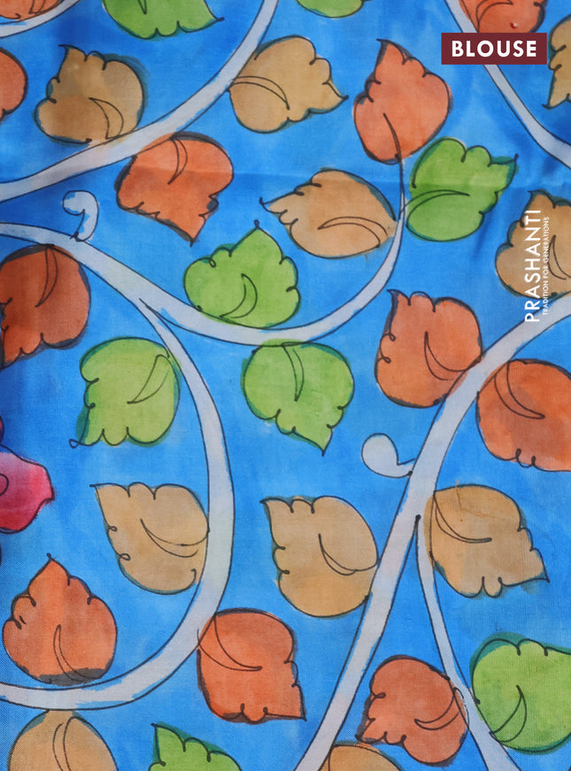 Pure soft silk saree red and cs blue with plain body and hand painted pallu & blouse