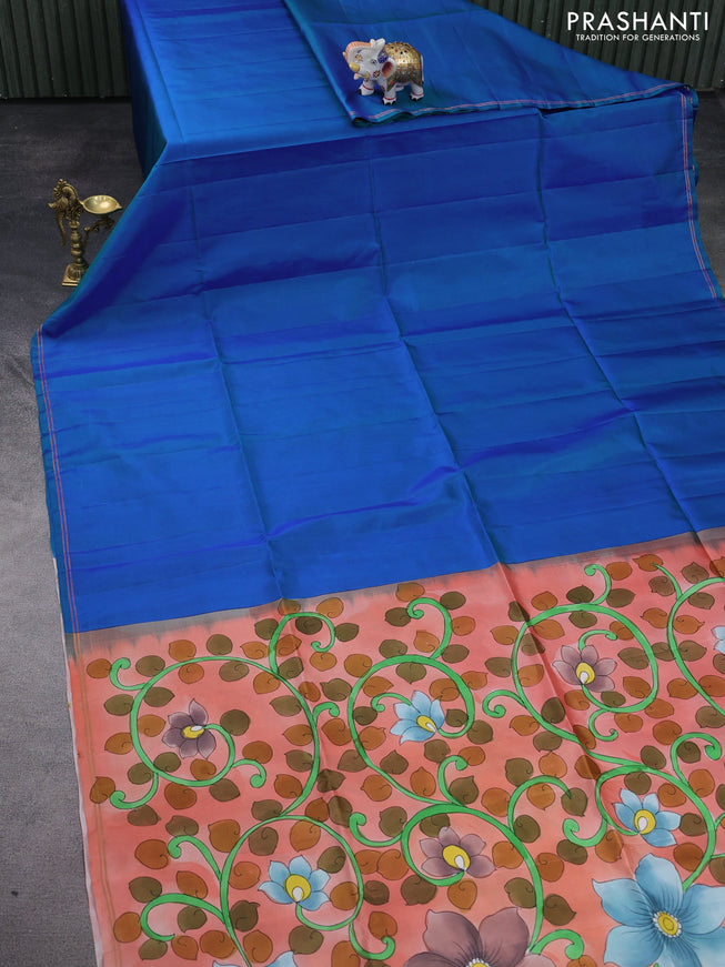 Pure soft silk saree dual shade of bluish green and peach orange shade with plain body and hand painted pallu & blouse