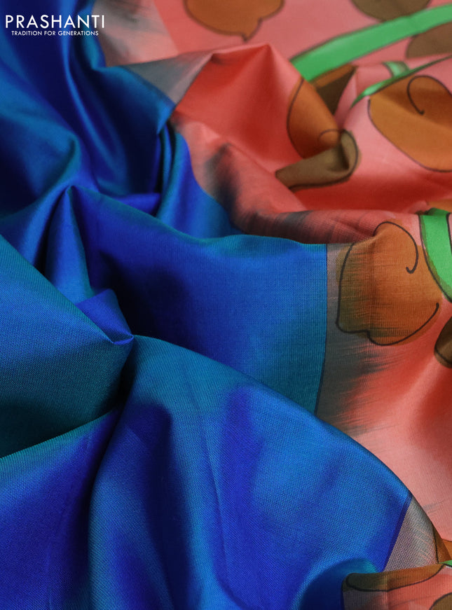 Pure soft silk saree dual shade of bluish green and peach orange shade with plain body and hand painted pallu & blouse