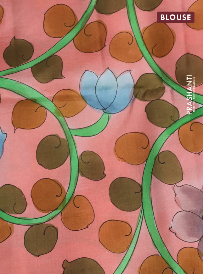 Pure soft silk saree dual shade of bluish green and peach orange shade with plain body and hand painted pallu & blouse