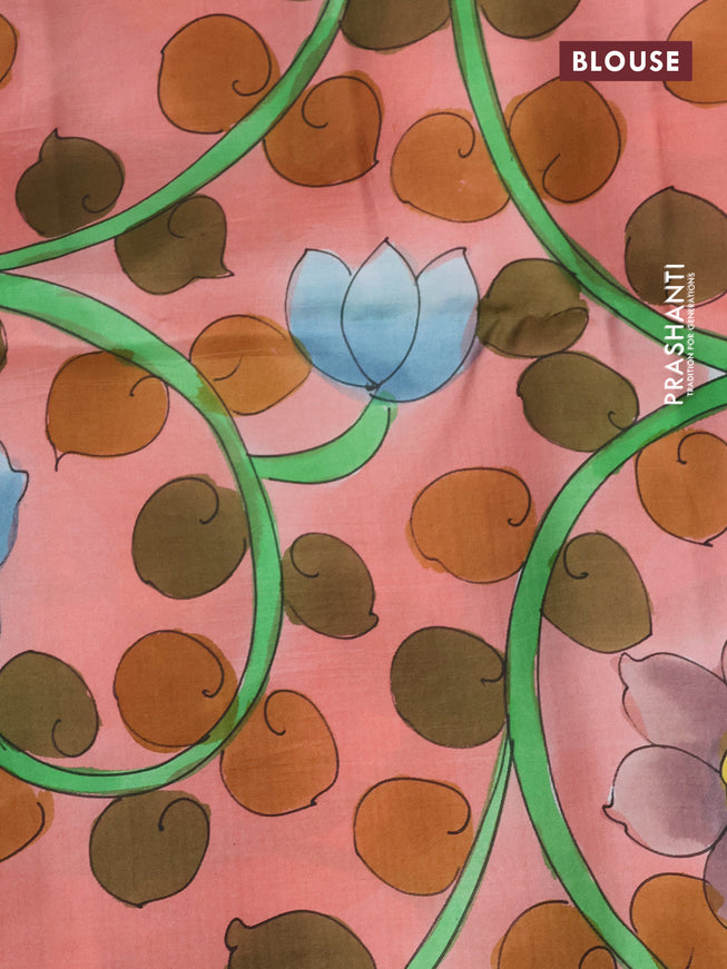 Pure soft silk saree dual shade of bluish green and peach orange shade with plain body and hand painted pallu & blouse