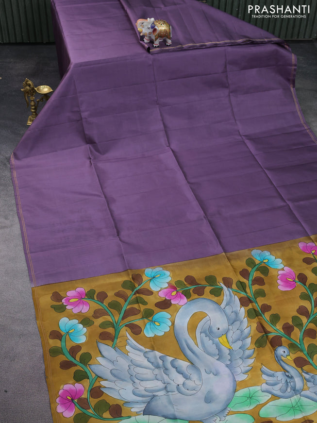 Pure soft silk saree pastel purple and sandal with plain body and hand painted pallu & blouse