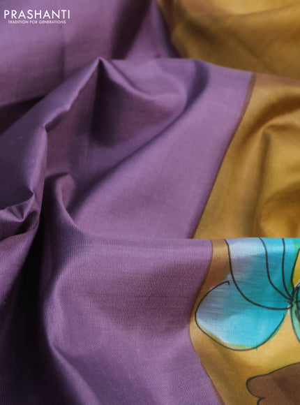 Pure soft silk saree pastel purple and sandal with plain body and hand painted pallu & blouse