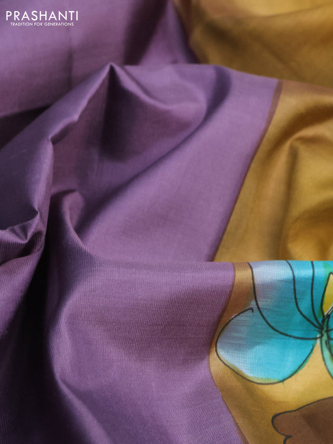 Pure soft silk saree pastel purple and sandal with plain body and hand painted pallu & blouse