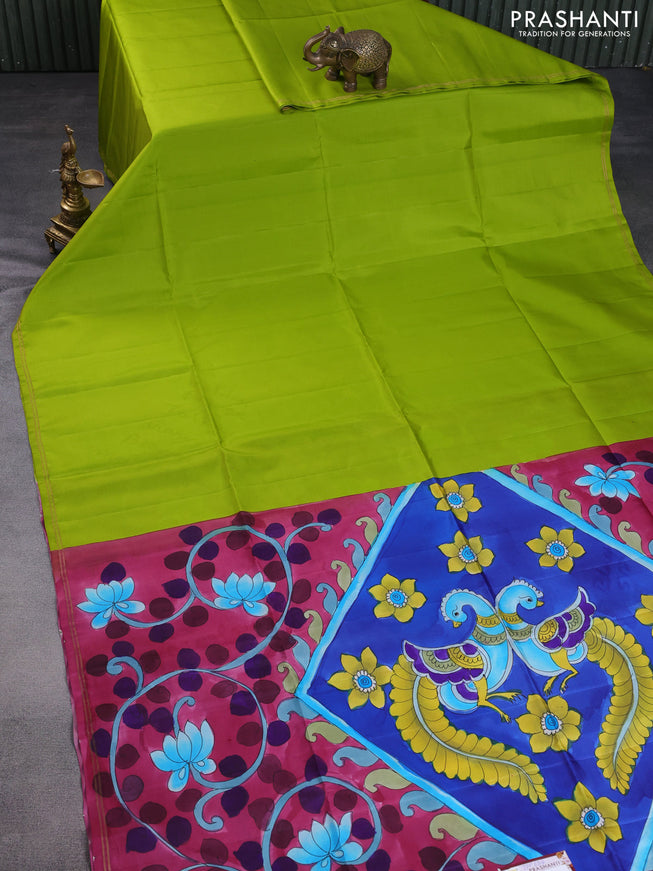 Pure soft silk saree light green and blue with plain body and hand painted pallu & blouse