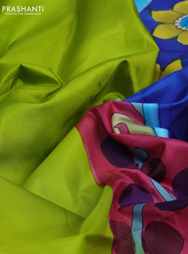 Pure soft silk saree light green and blue with plain body and hand painted pallu & blouse