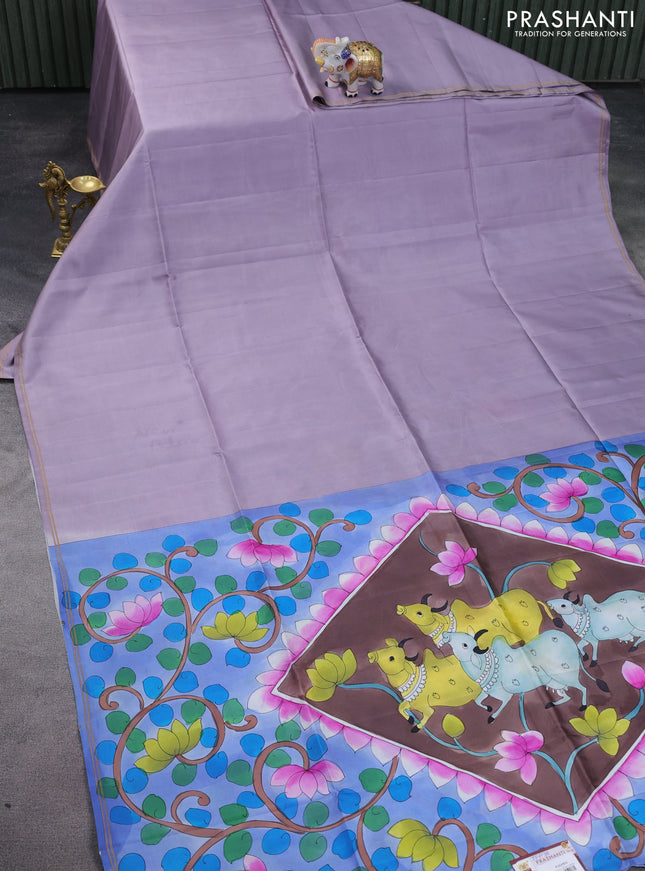 Pure soft silk saree pastel lavender and brown with plain body and hand painted pallu & blouse