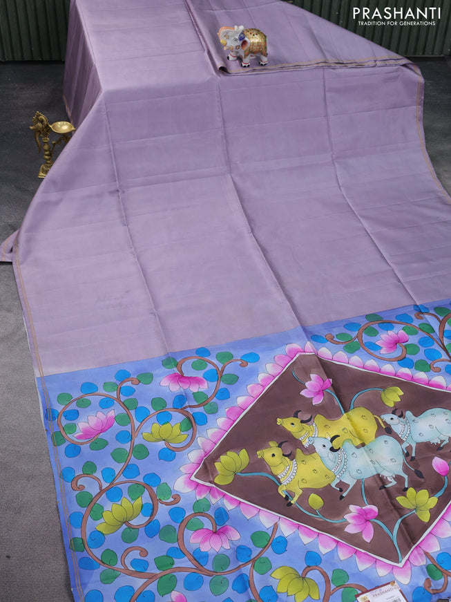 Pure soft silk saree pastel lavender and brown with plain body and hand painted pallu & blouse