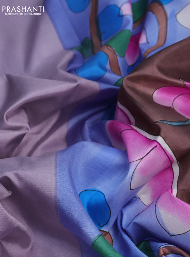 Pure soft silk saree pastel lavender and brown with plain body and hand painted pallu & blouse