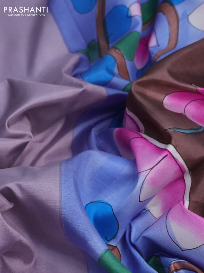 Pure soft silk saree pastel lavender and brown with plain body and hand painted pallu & blouse