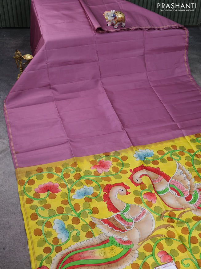 Pure soft silk saree mauve pink and yellow with plain body and hand painted pallu & blouse